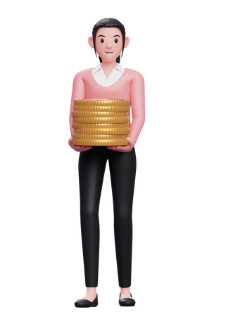 Businesswoman holding pile of coins  3D Illustration