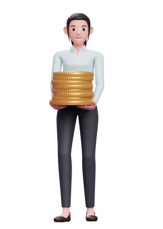 Business Woman In A Blue Shirt Carry Piles Of Gold Coins 3 D Illustration Of A Business Woman In A Blue Shirt Holding Dollar Coin 3D Illustration