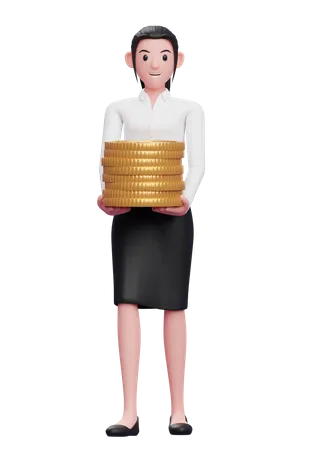 Businesswoman holding pile of coins 3D Illustration