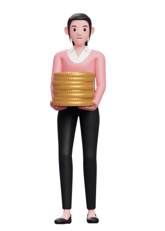 Businesswoman In Pink Sweater Holding Pile Of Coins 3 D Illustration Of A Business Woman In Sweater Holding Dollar Coin 3D Illustration