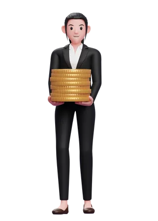 Business Woman In A Black Suit Carry Piles Of Gold Coins 3 D Illustration Of A Business Woman In A Black Suit Holding Dollar Coin 3D Illustration