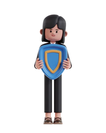 3 D Illustration Of Cartoon Businesswoman Holding Protection Shield 3D Illustration