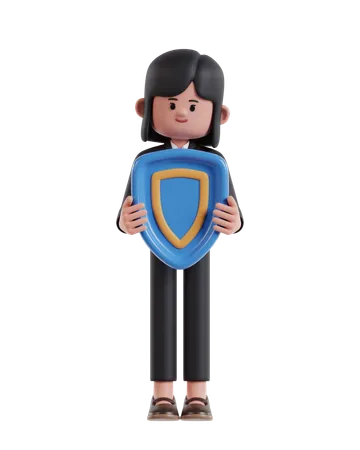 Businesswoman holding protection shield  3D Illustration