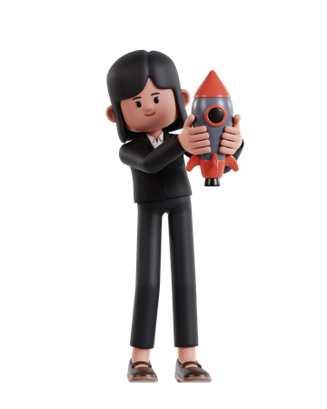 Businesswoman Holding Rocket For Business Start Up  3D Illustration