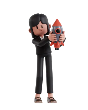 3 D Illustration Of Cartoon Businesswoman Holding Rocket For Business Start Up 3D Illustration