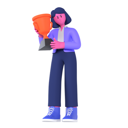 Businesswoman Holding Trophy  3D Illustration