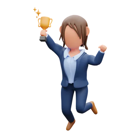 Businesswoman Holding Trophy  3D Illustration