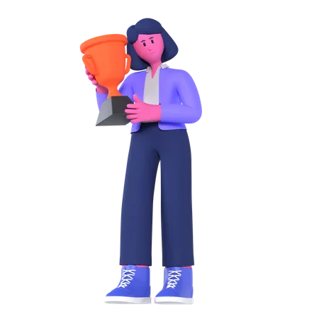 Businesswoman Holding Trophy  3D Illustration