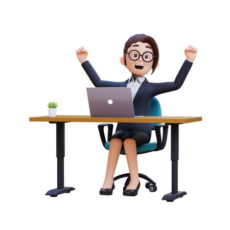 Businesswoman In Business Suit Sitting At Desk With Laptop  3D Illustration