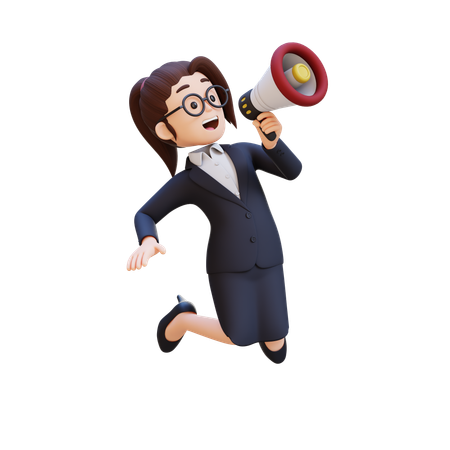 Businesswoman In Suit And Glasses Holding Megaphone And Jumping In Air  3D Icon
