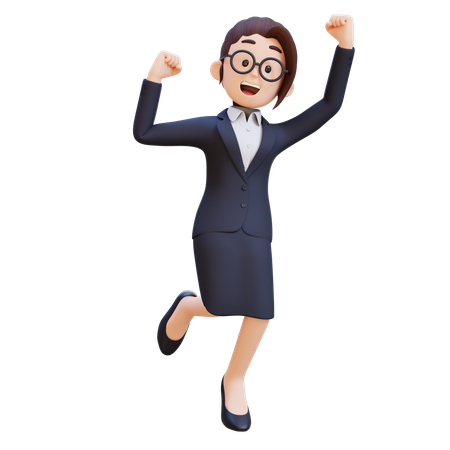 Businesswoman In Suit And Glasses Jumping Up And Down With Her Arms Raised  3D Illustration