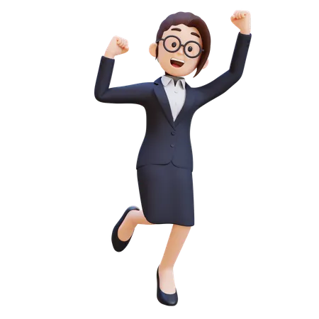 Businesswoman In Suit And Glasses Jumping Up And Down With Her Arms Raised  3D Illustration