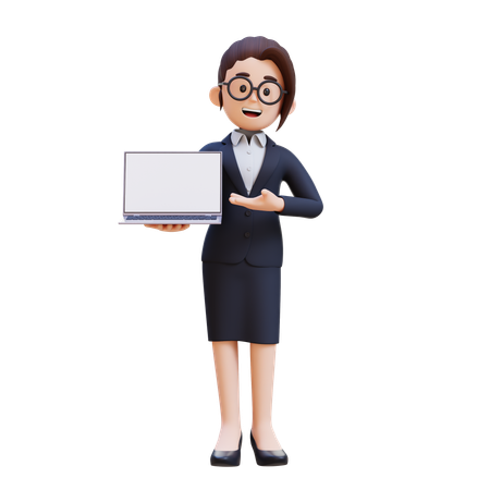 Businesswoman In Suit Holding And Presenting To Laptop With Empty Screen  3D Illustration