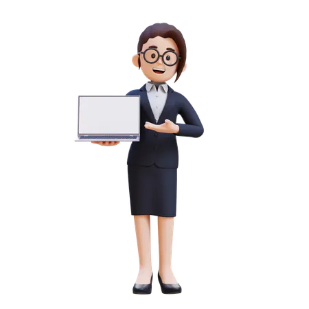 Businesswoman In Suit Holding And Presenting To Laptop With Empty Screen  3D Illustration