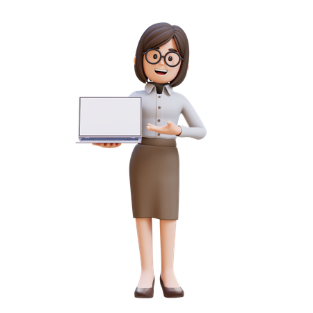 Businesswoman In Suit Holding And Presenting To Laptop With Empty Screen  3D Illustration