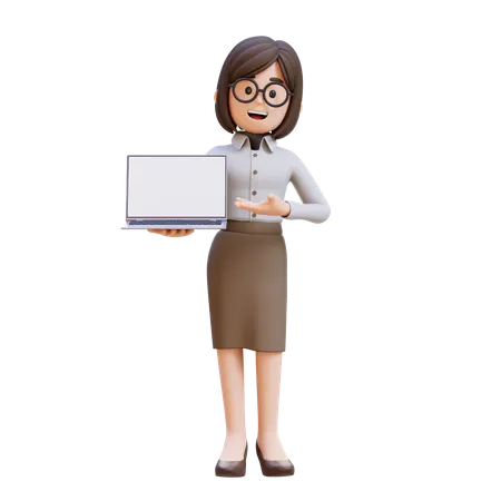 Businesswoman In Suit Holding And Presenting To Laptop With Empty Screen  3D Illustration