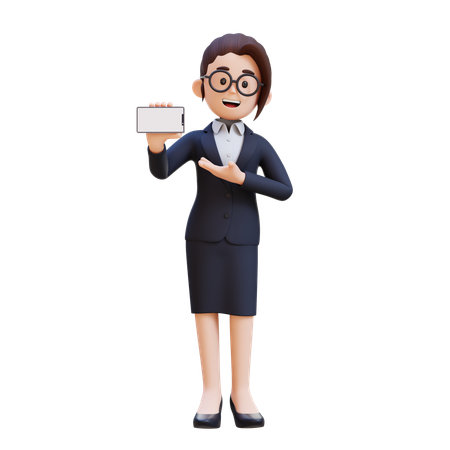 Businesswoman In Suit Holding And Presenting To Smart Phone With Empty Screen  3D Illustration