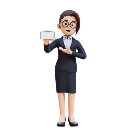 Businesswoman In Suit Holding And Presenting To Smart Phone With Empty Screen  3D Illustration