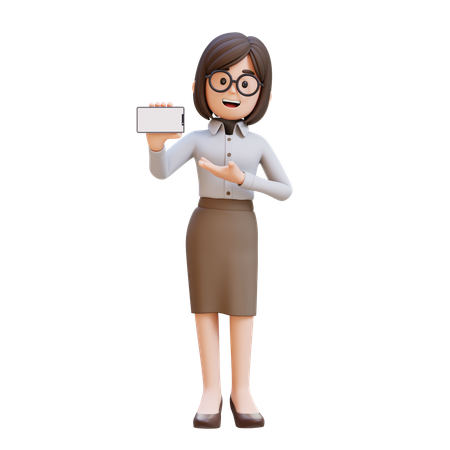 Businesswoman In Suit Holding And Presenting To Smart Phone With Empty Screen  3D Illustration