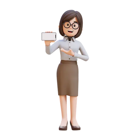 Businesswoman In Suit Holding And Presenting To Smart Phone With Empty Screen  3D Illustration