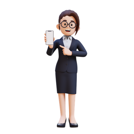 Businesswoman In Suit Holding Cell Phone And Pointing To It  3D Illustration