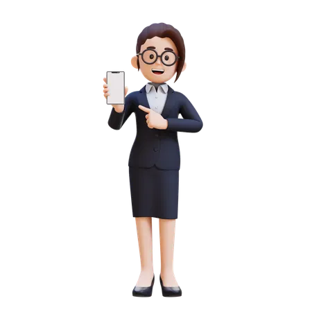 Businesswoman In Suit Holding Cell Phone And Pointing To It  3D Illustration