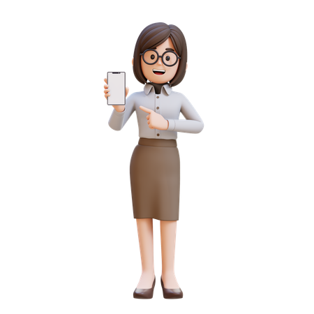 Businesswoman In Suit Holding Cell Phone And Pointing To It  3D Illustration