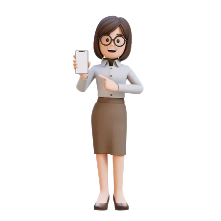 Businesswoman In Suit Holding Cell Phone And Pointing To It  3D Illustration