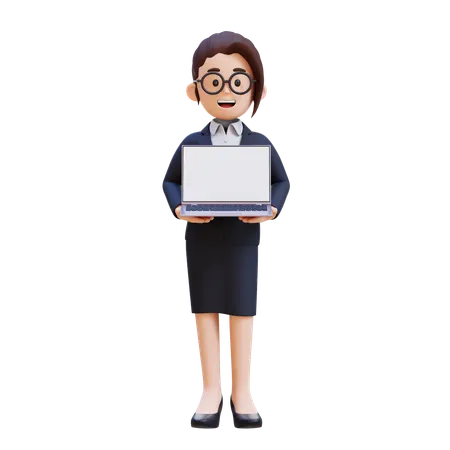 Businesswoman In Suit Holding Laptop  3D Illustration