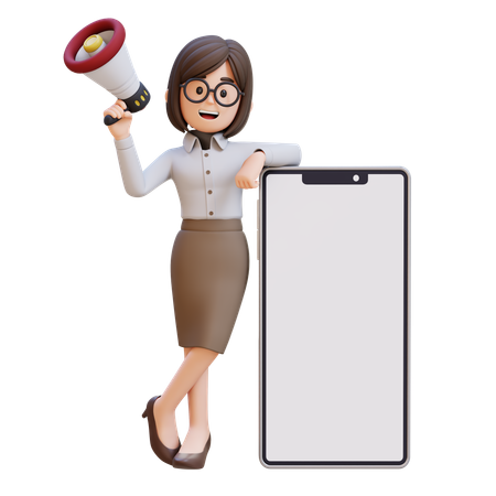 メガホンを持ち、白い大きな携帯電話の隣に立つスーツ姿のビジネスウーマン  3D Icon