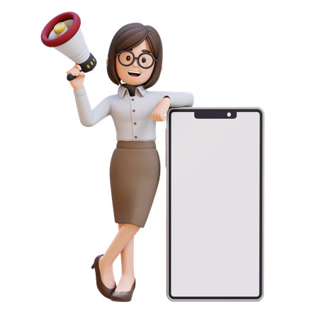 Businesswoman In Suit Holding Megaphone And Standing Next To White Big Cell Phone  3D Illustration