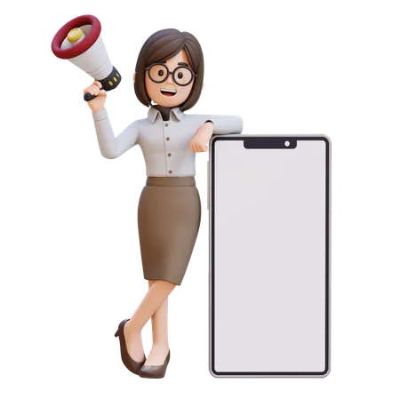 Businesswoman In Suit Holding Megaphone And Standing Next To White Big Cell Phone  3D Illustration