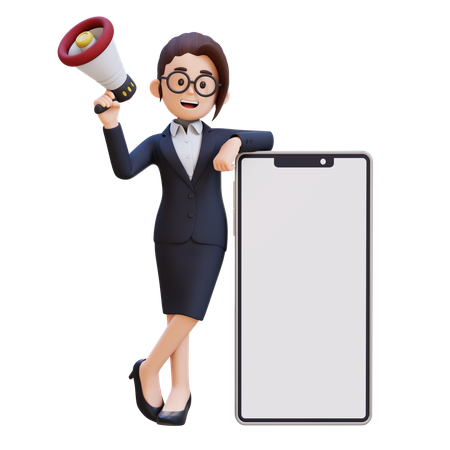 Businesswoman In Suit Holding Megaphone And Standing Next To White Big Cell Phone  3D Illustration