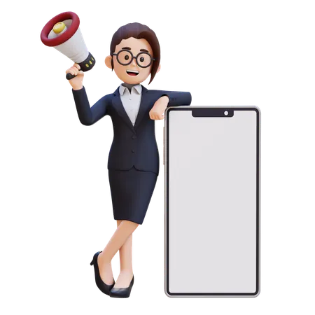 Businesswoman In Suit Holding Megaphone And Standing Next To White Big Cell Phone  3D Illustration