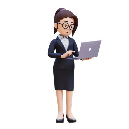 Businesswoman In Suit Standing Confused Working On Laptop  3D Illustration