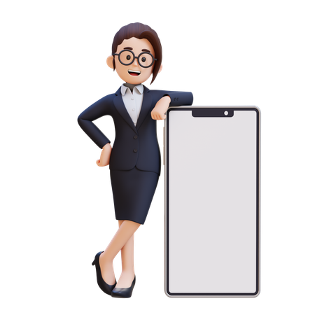 Businesswoman In Suit Stands Next To Cell Phone  3D Illustration