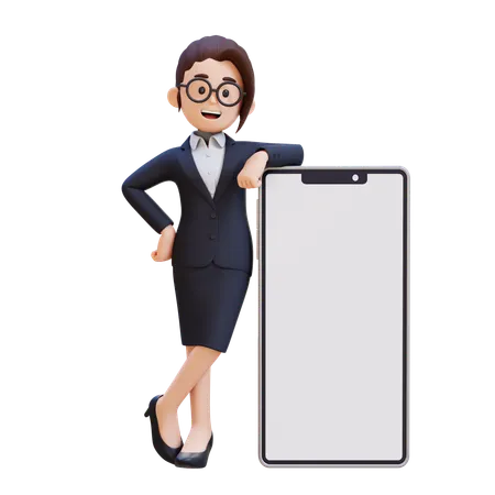 Businesswoman In Suit Stands Next To Cell Phone  3D Illustration