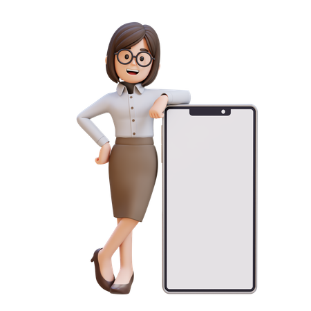 Businesswoman In Suit Stands Next To Cell Phone  3D Illustration