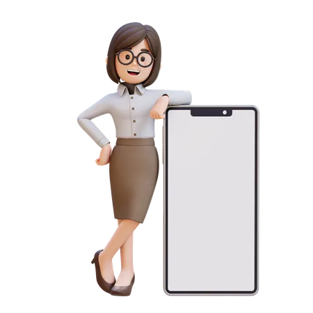 Businesswoman In Suit Stands Next To Cell Phone  3D Illustration