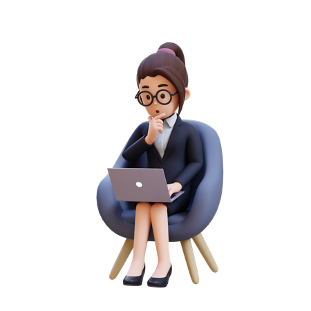 Businesswoman In Suit Thinking And Sitting In Chair With Laptop In Front Of Her  3D Illustration