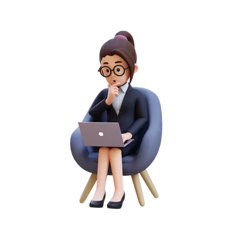 Businesswoman In Suit Thinking And Sitting In Chair With Laptop In Front Of Her  3D Illustration