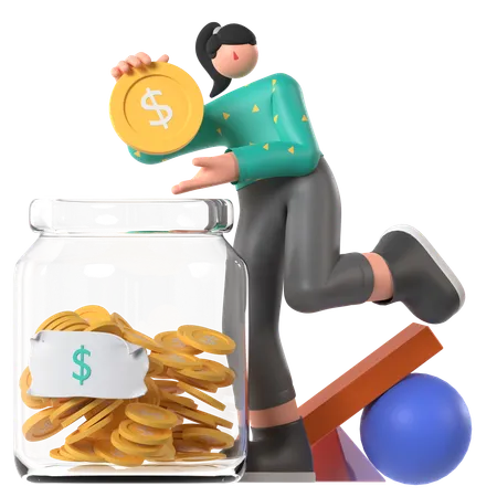 Businesswoman invests in Saving Jar  3D Illustration