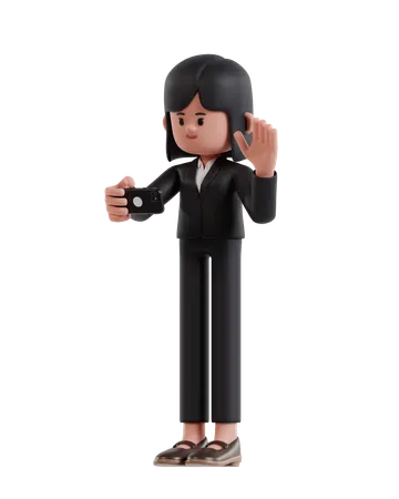 3 D Illustration Of Cartoon Businesswoman Is Making A Video Call With A Smartphone 3D Illustration