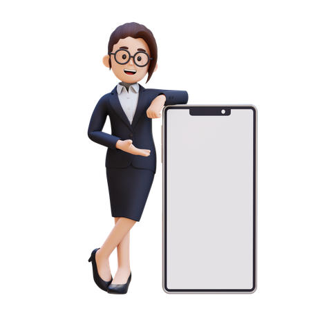 Businesswoman Laying And Presenting On Big Smart Phone With Empty Screen  3D Icon