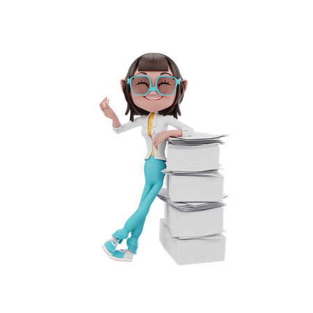 Businesswoman leaning cool on multiple files  3D Illustration