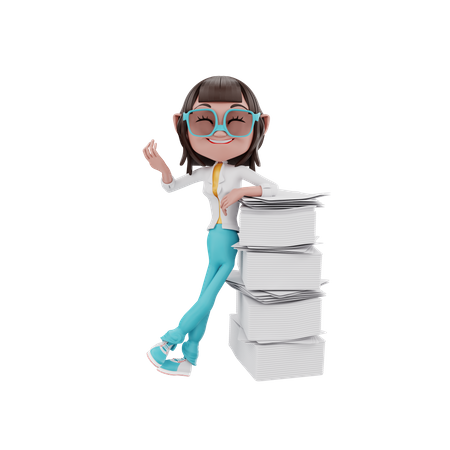 Businesswoman leaning cool on multiple files  3D Illustration