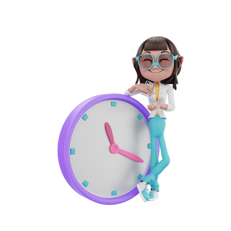 Businesswoman leaning cool on the clock  3D Illustration