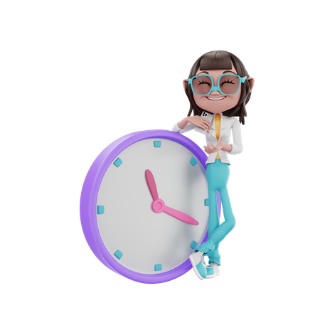 Businesswoman leaning cool on the clock 3D Illustration