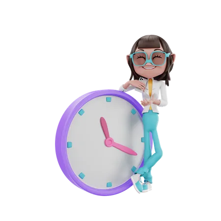 Businesswoman leaning cool on the clock  3D Illustration