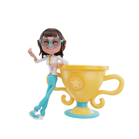 Businesswoman leaning cool on the trophy  3D Icon
